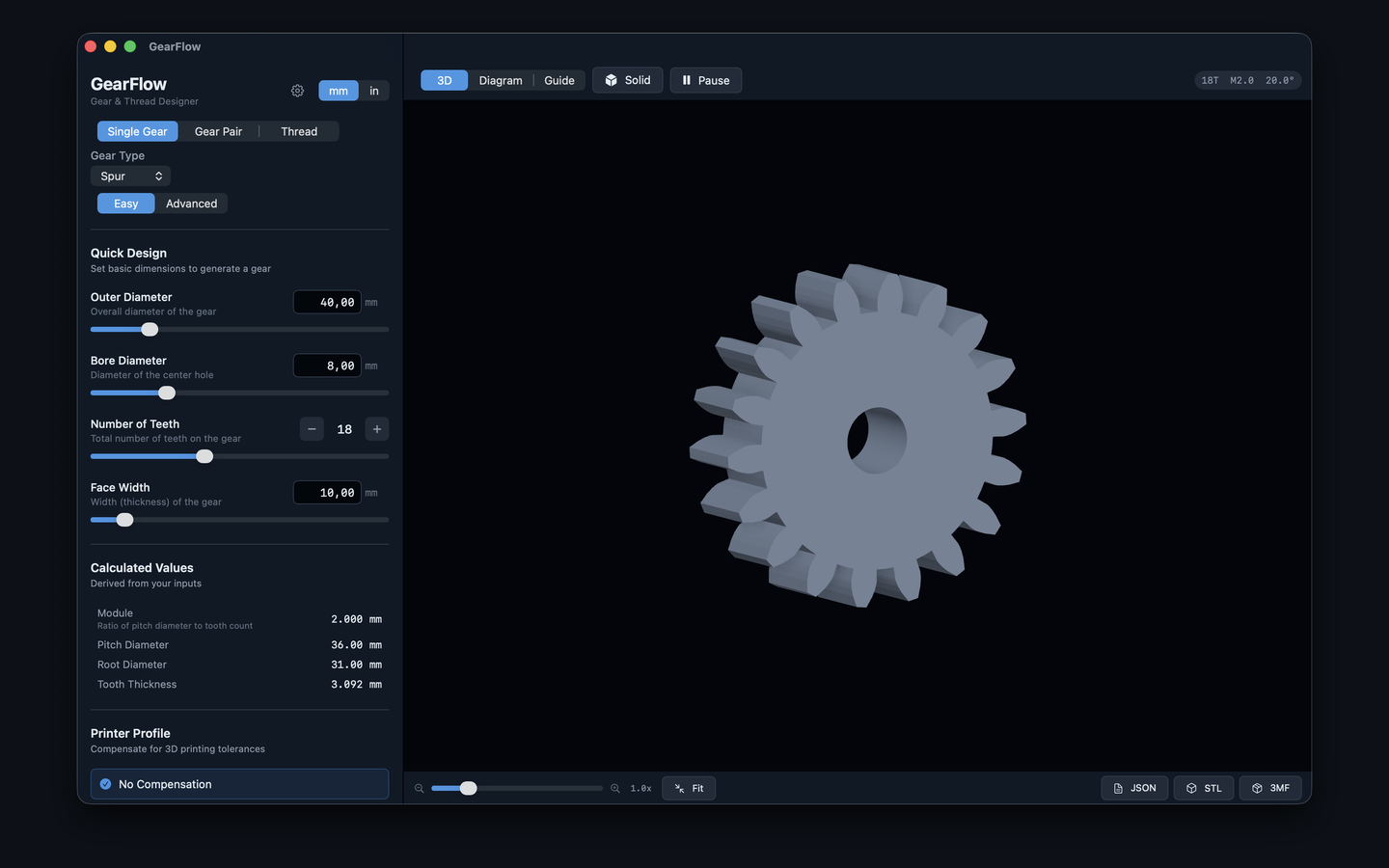 Single spur gear with live calculated dimensions