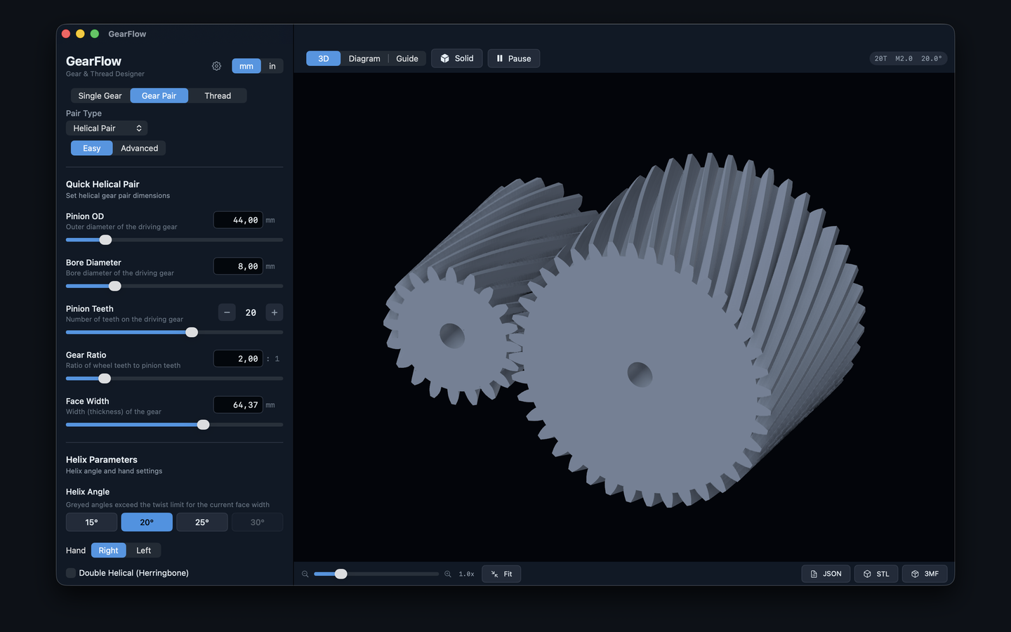 Helical gear pair rendered in real-time 3D