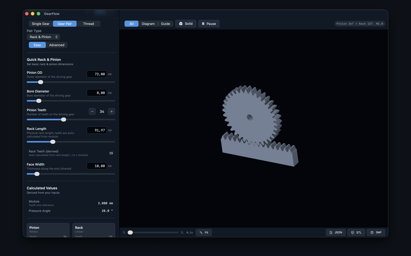 Rack and pinion mechanism in 3D