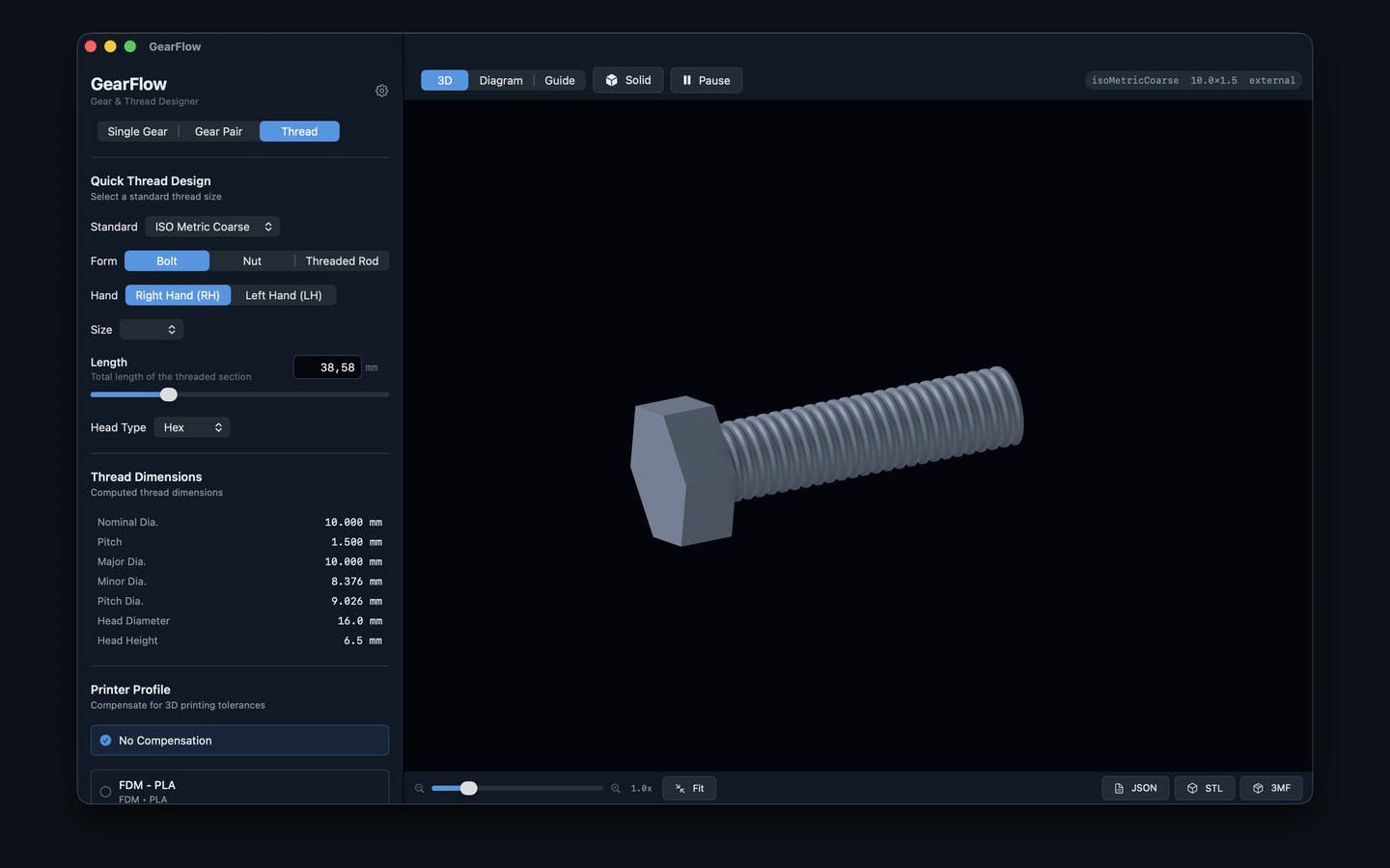 ISO metric hex bolt rendered in 3D